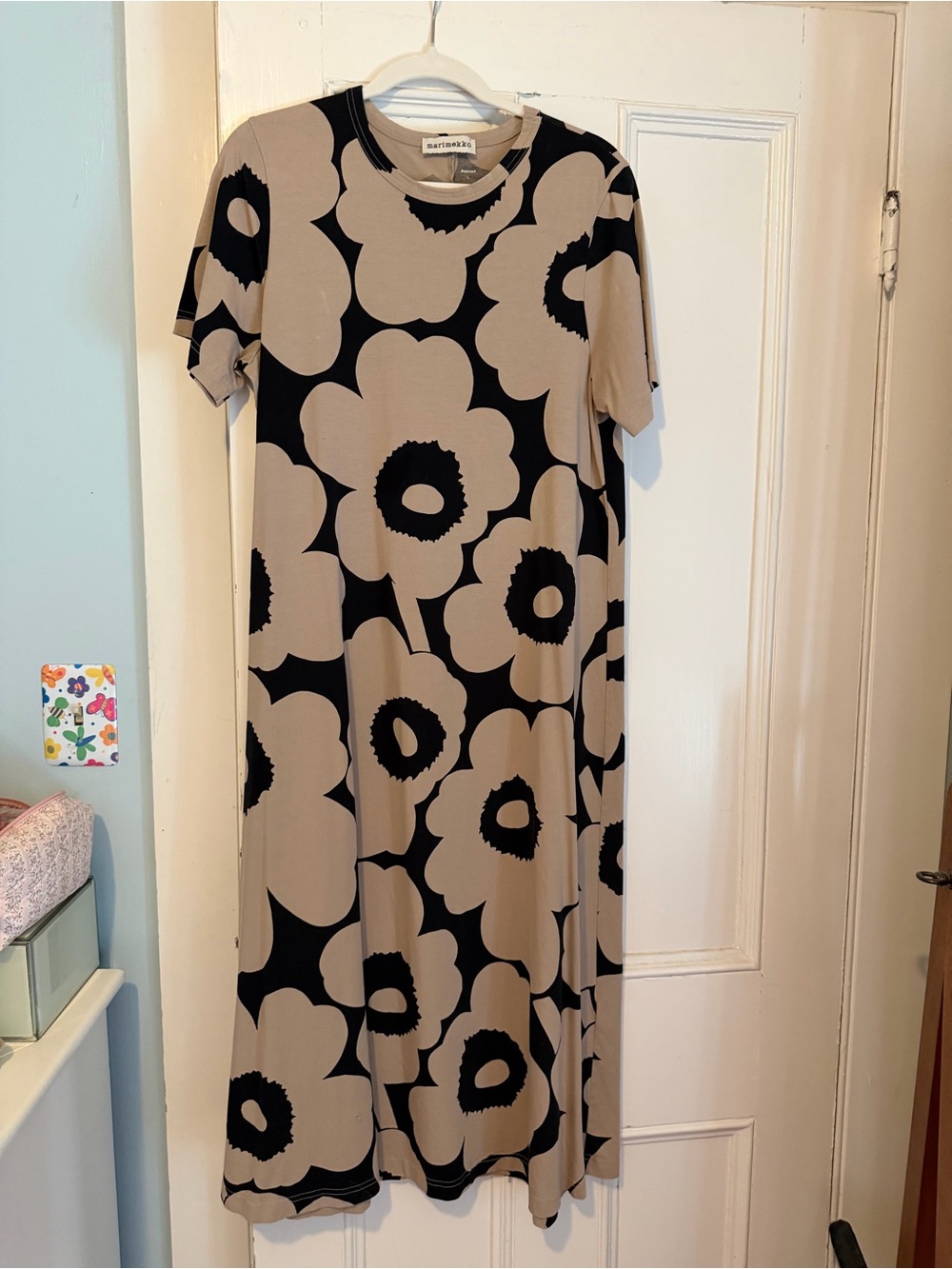 Marimekko Beige and Black Floral Jersey Midi Dress